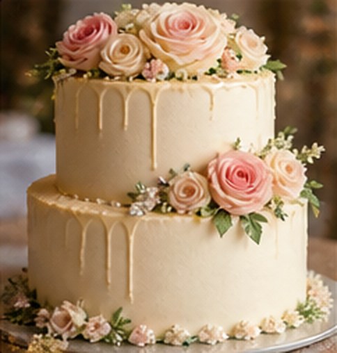 Two-tier cream cake decorated with roses